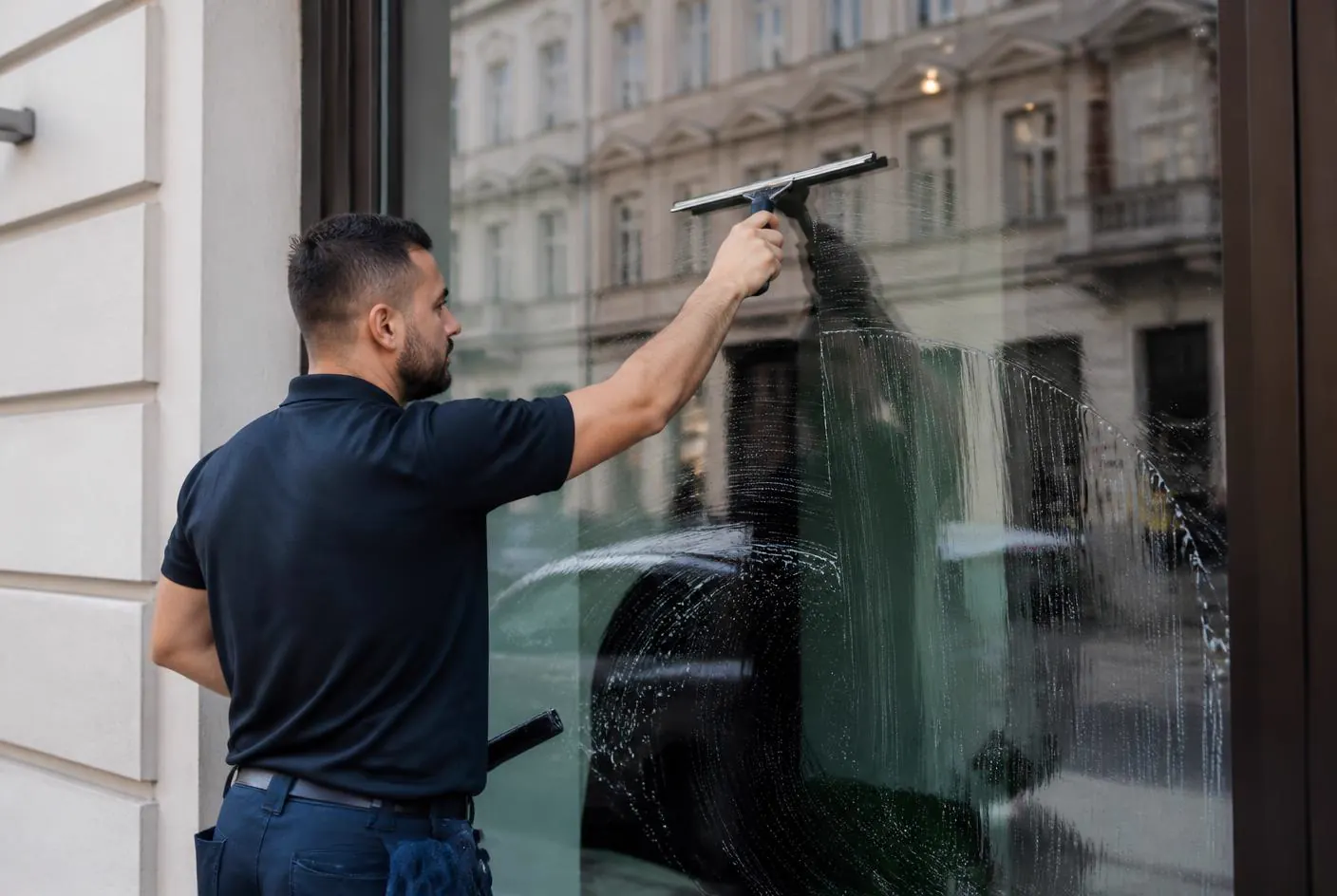 reinigungsdienst-wien.at – Fensterreinigung Wien: Fensterputzer reinigt eine Glasfassade streifenfrei mit Abzieher